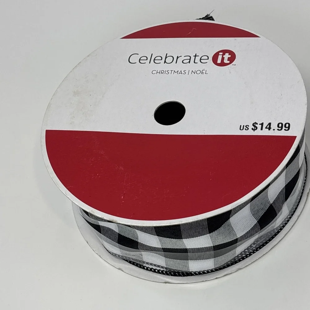 Celebrate It Black White‎ Buffalo Plaid Wired Jumbo Ribbon 2.5in x 75ft 627000